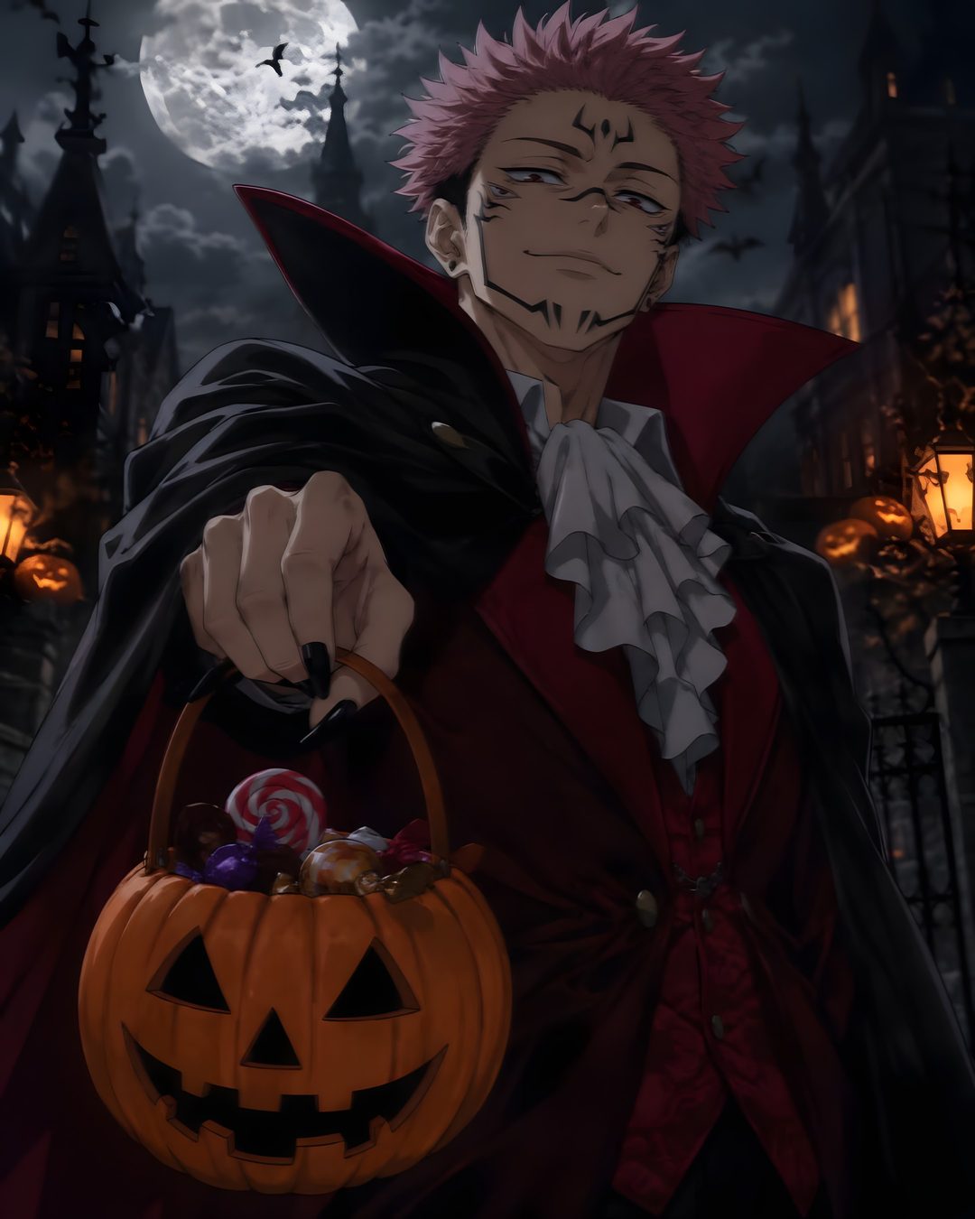 an anime character holding a pumpkin in front of a full moon and castle at night Sukuna Halloween black