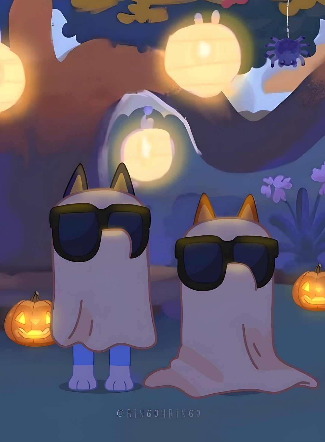 two cartoon cats wearing sunglasses with pumpkins in the background and lights hanging above them Bluey And Bingo Halloween dark slate blue