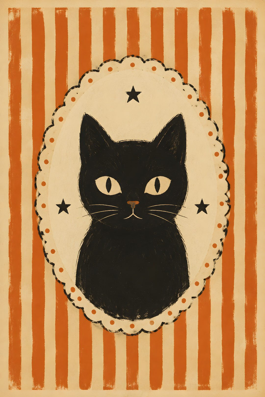 an image of a black cat with stars on it's head and stripes in the background Cute Retro Style Halloween Black Cats burlywood