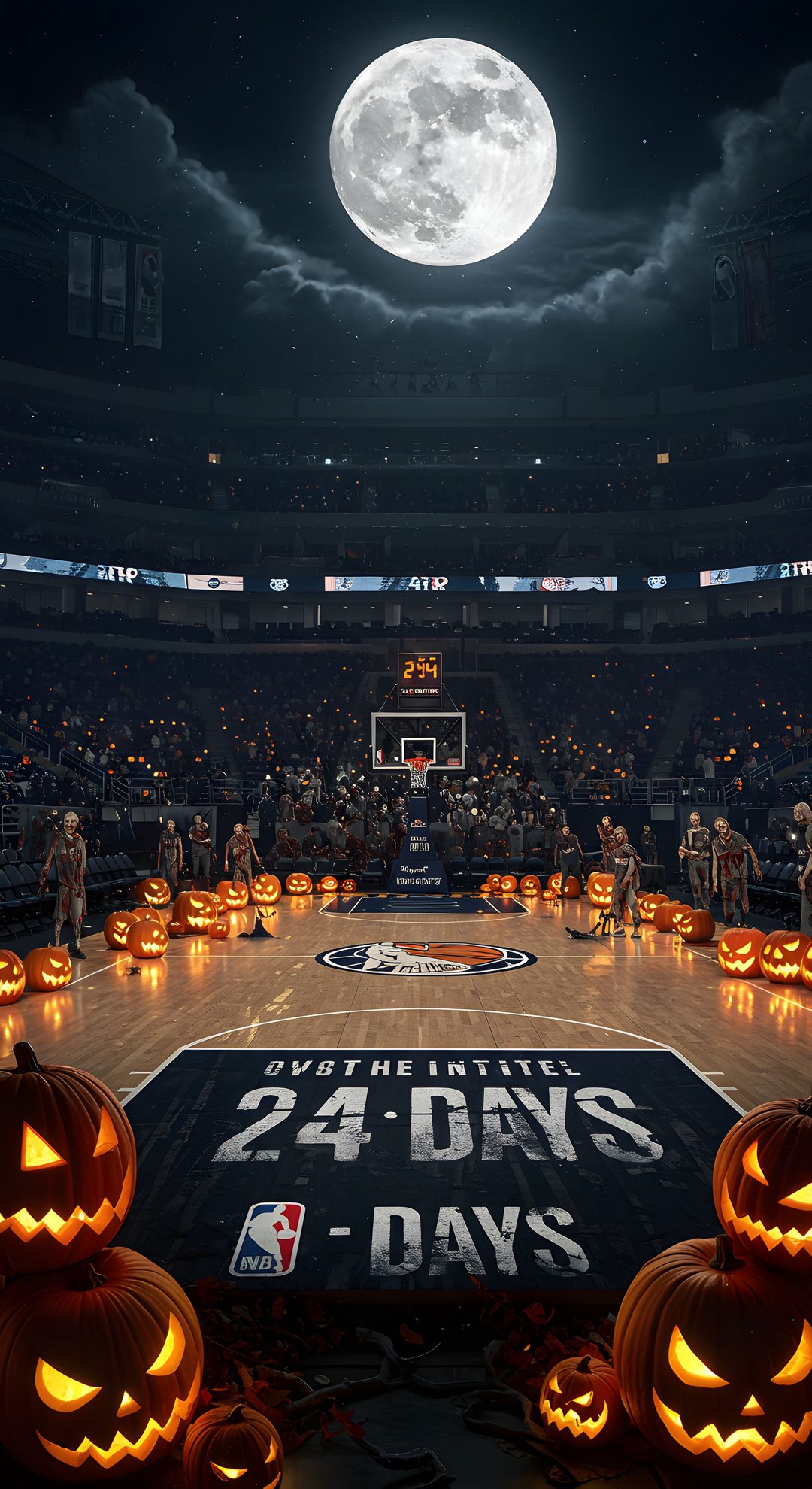 a basketball court with carved pumpkins on it and the moon in the sky above Halloween Nba Halloween Season, Halloween, Days Until Halloween, Nba Christmas, black