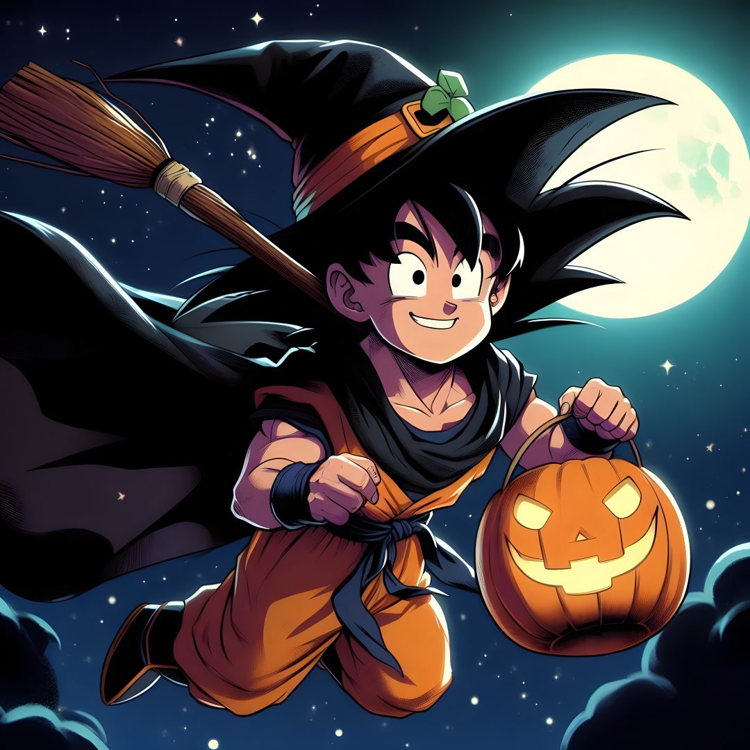 a cartoon character flying through the air with a pumpkin in his hand and a full moon behind him Dragon Ball Halloween Halloween Goku, Son Goku, Dragon Ball, Halloween, dark slate gray