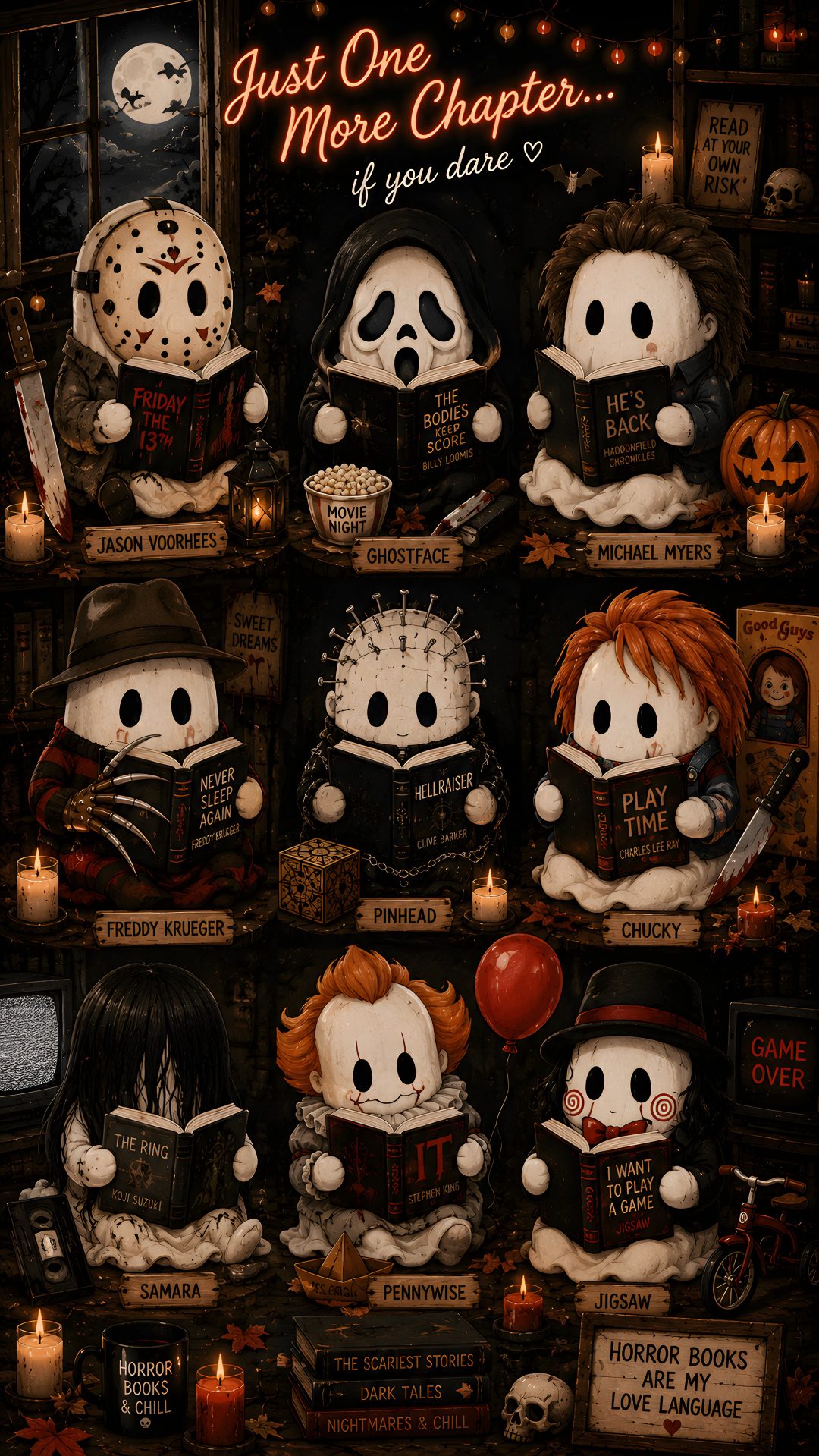 a bunch of stuffed animals sitting on top of a shelf with candles in front of them Iphone Halloween Book black