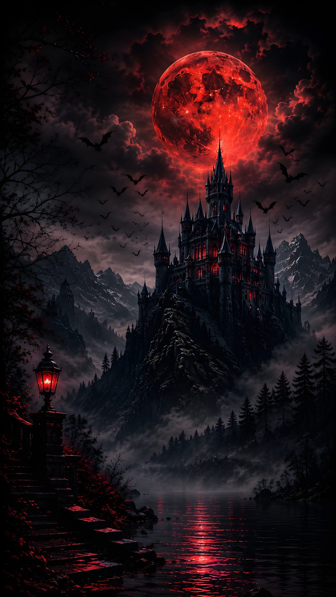 a castle in the middle of a lake with bats flying over it and a full moon Dark Fantasy Halloween black
