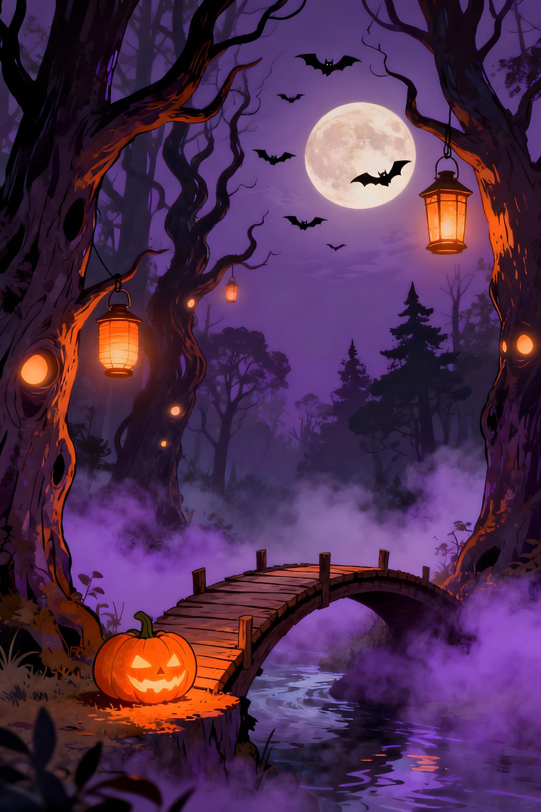 a bridge that has some pumpkins on it in front of the moon and trees Halloween Art dark slate gray