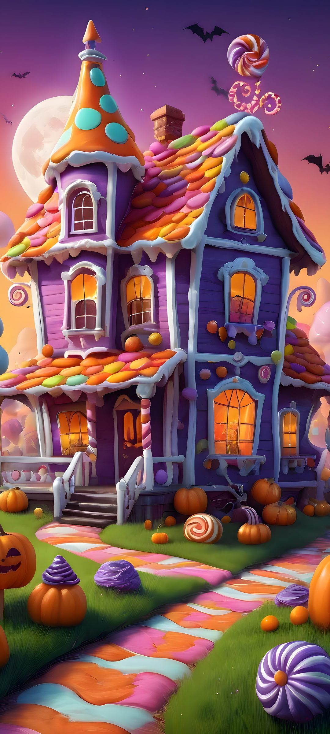 a painting of a halloween house with pumpkins and candy Halloween Candy House Fantasy Homes, dim gray