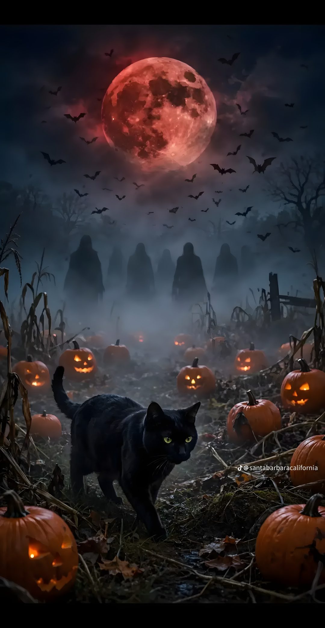 a black cat walking through a field full of pumpkins with bats flying in the sky Creepy Black Cat Halloween dark slate gray