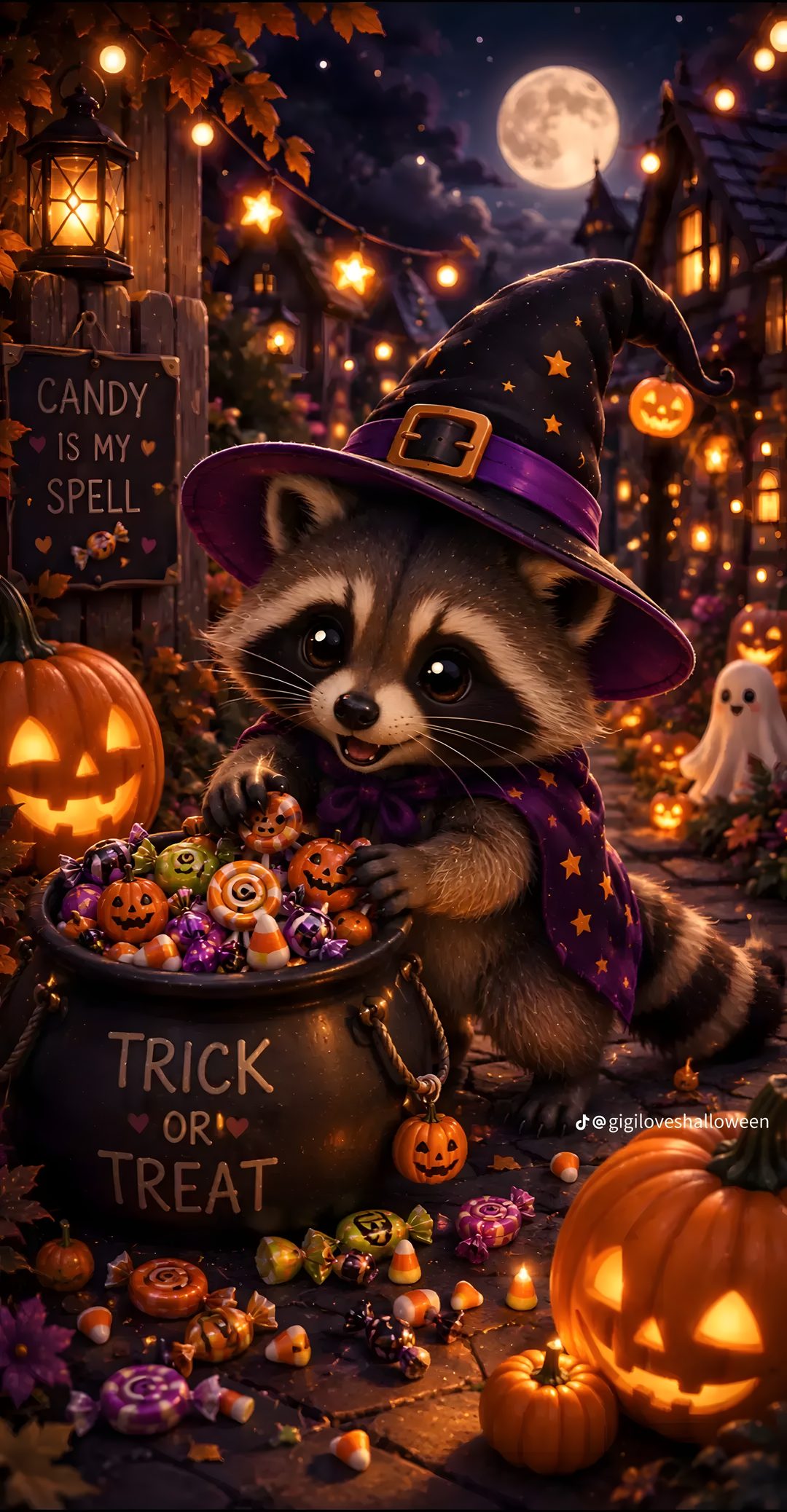 a raccoon wearing a witch hat and holding a caulder full of candy Halloween Raccoon black