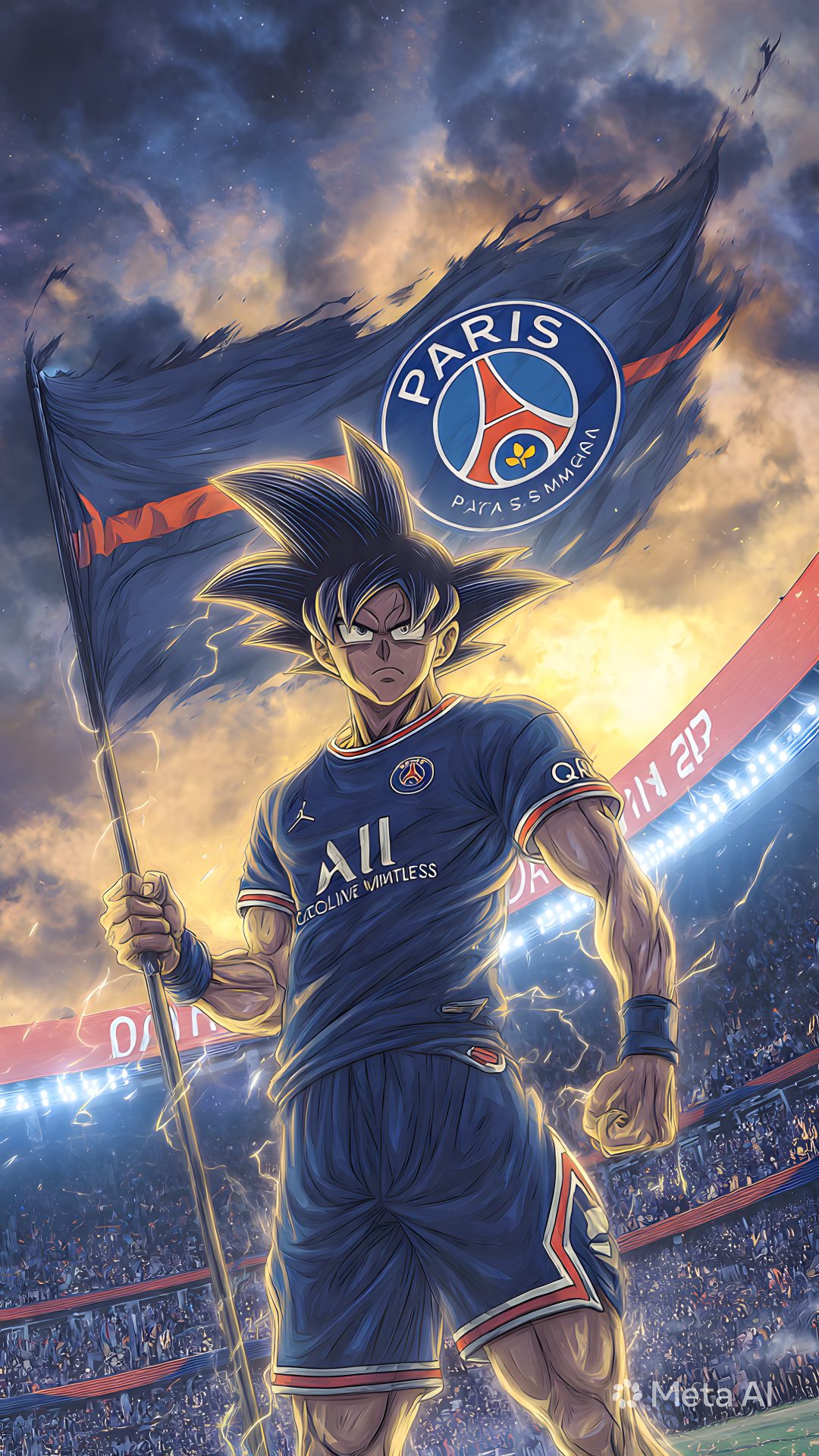 an anime character holding a flag in front of a stadium filled with people and fans Football Halloween Psg dim gray
