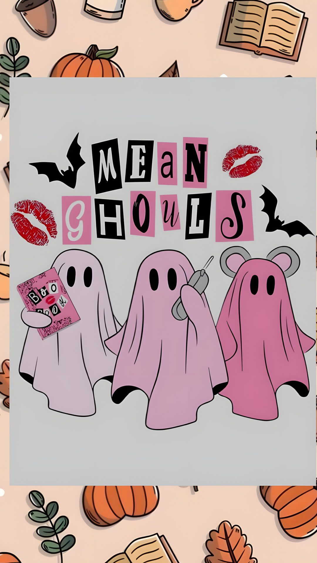three ghost stickers with the words mean ghouls on them, surrounded by pumpkins and books Cute Halloween Mean Girls Cute, silver