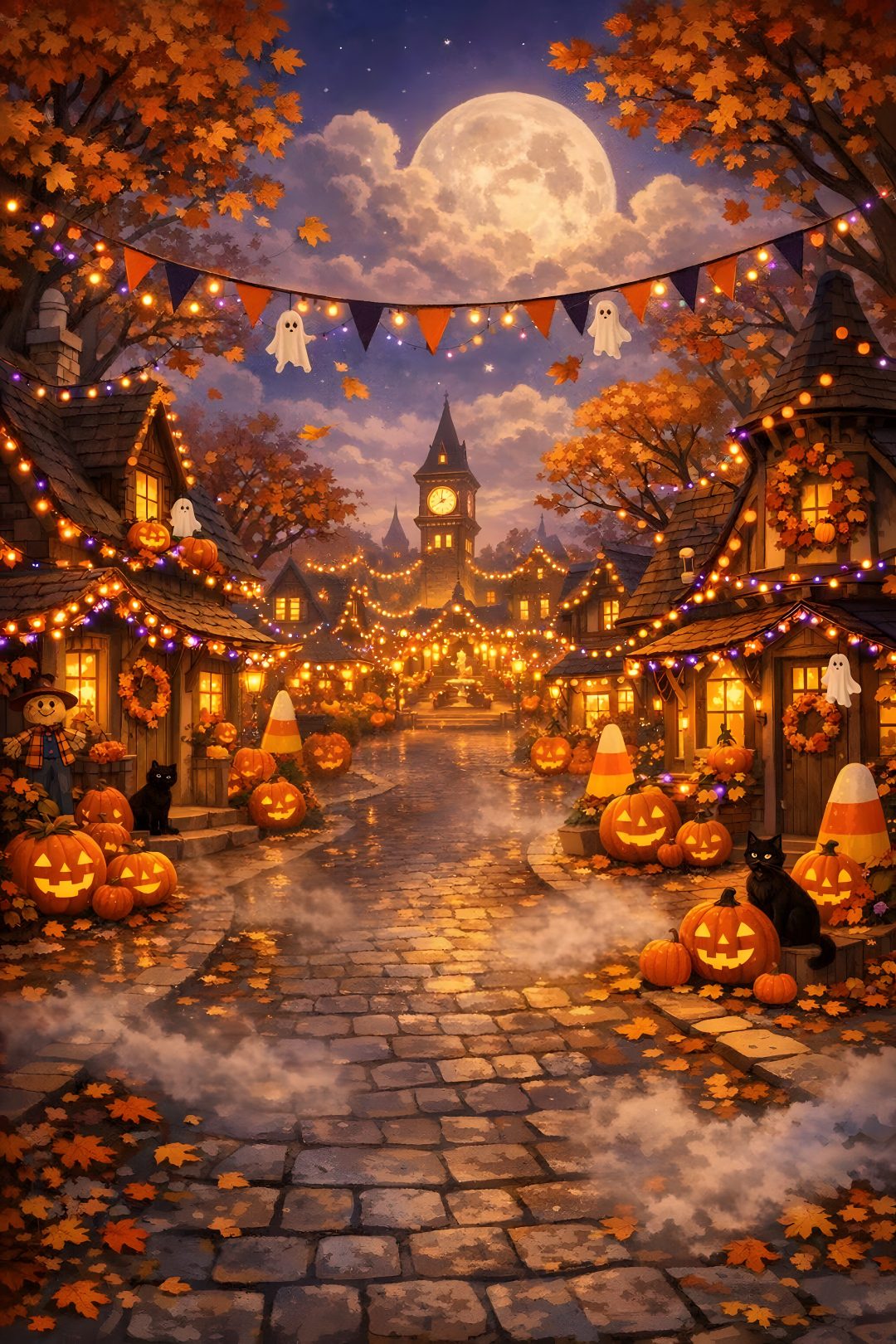 a painting of a halloween scene with pumpkins and lights on the street in front of a clock tower Halloweentown Aesthetic saddle brown