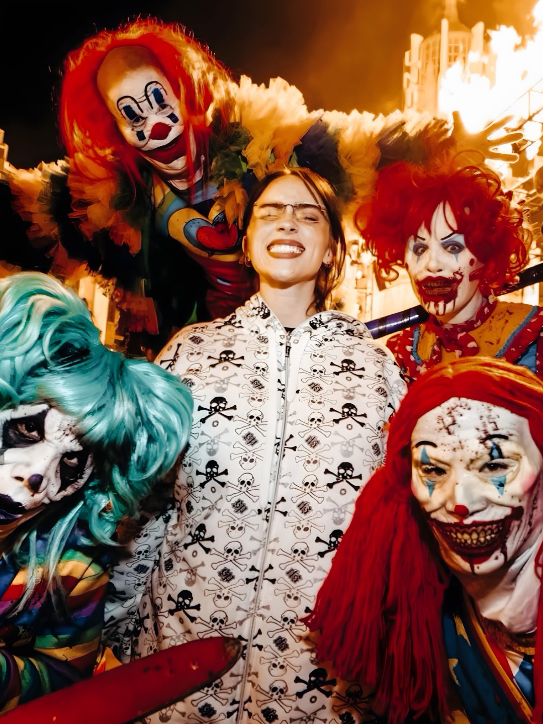 a group of clowns standing next to each other Billie Eilish Halloween Finneas Halloween Costume, saddle brown