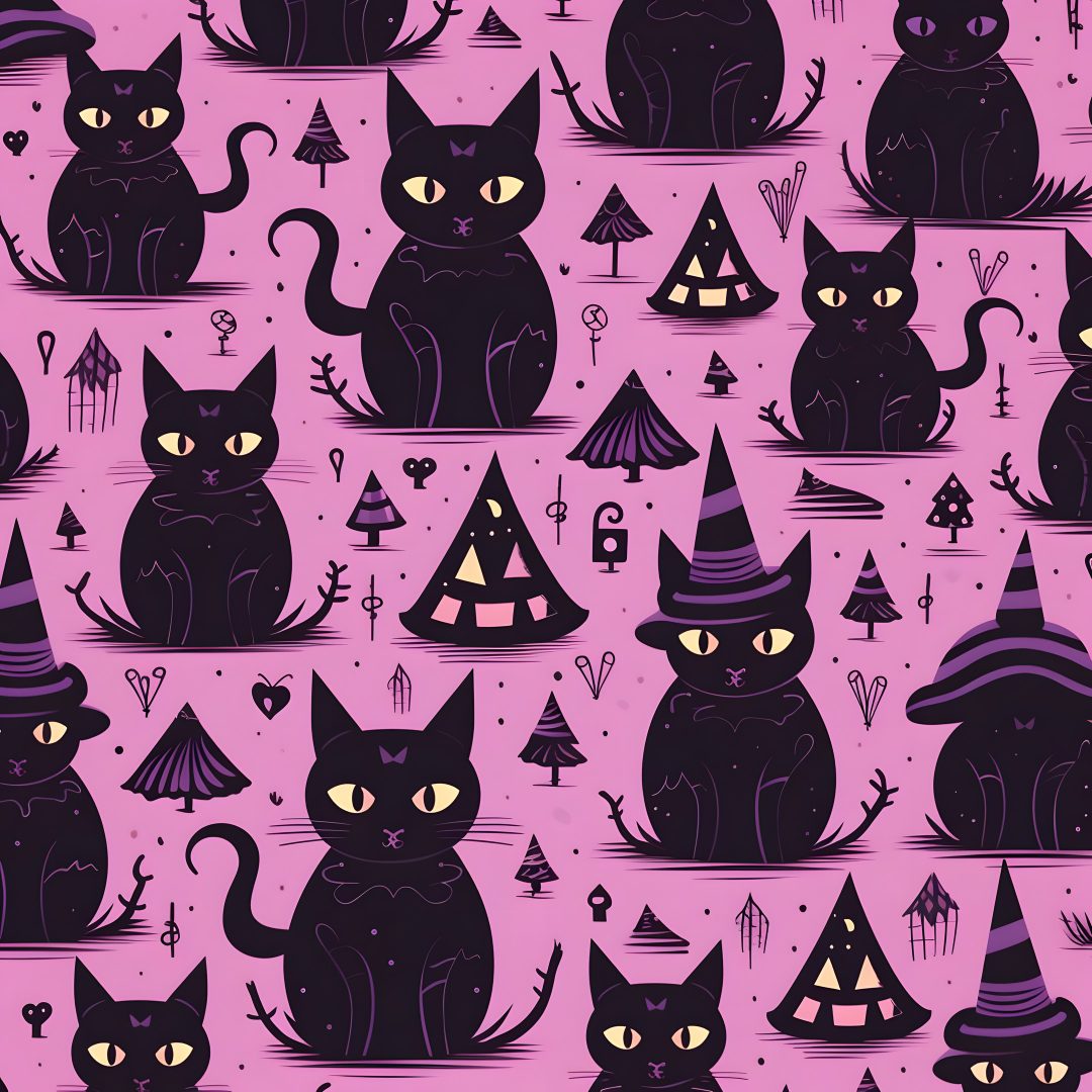 many black cats wearing witches hats and sitting in front of a purple background with trees Feline Halloween - Black On Lavender Halloween Purple Cats Custom, gray