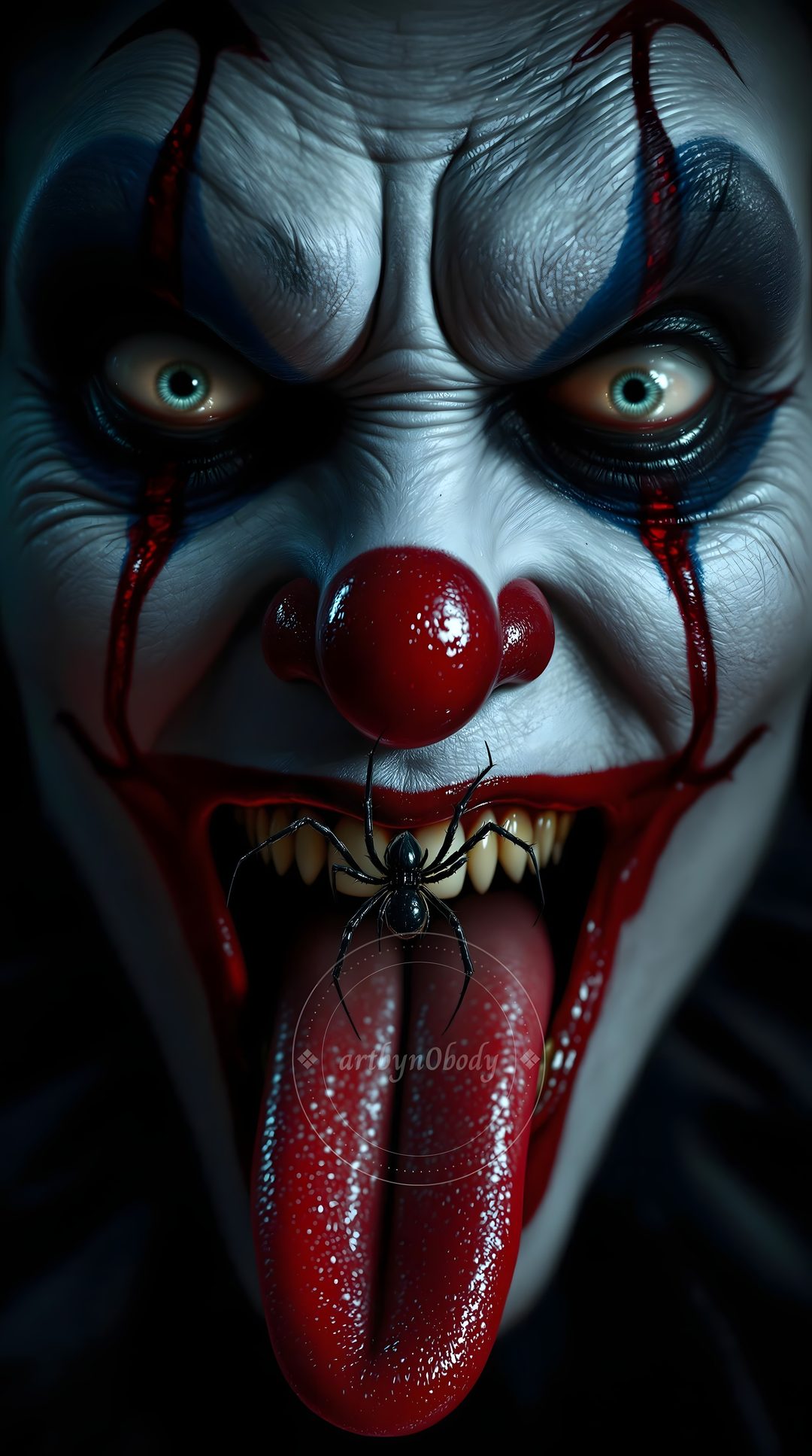 an evil clown with his tongue out Scary Clown Halloween black