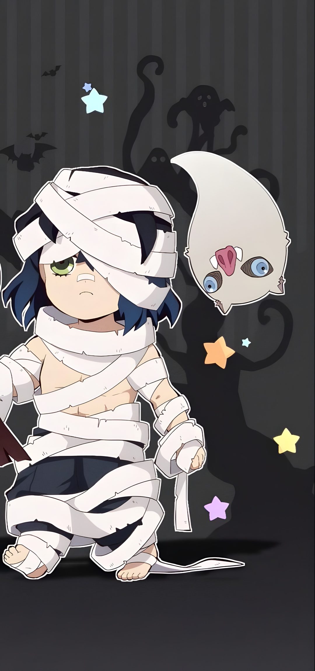 an anime character with bandages wrapped around his head, sitting in front of a skull Inosuke Halloween Halloween, Drawings, dark slate gray