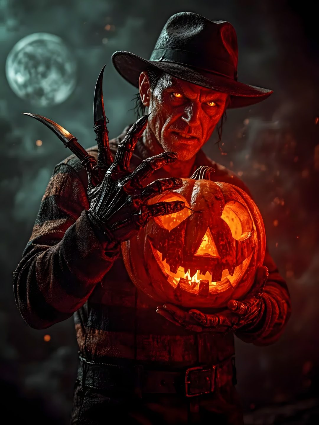 a man in a hat holding a jack - o'- lantern with his hands Scary Halloween Characters black