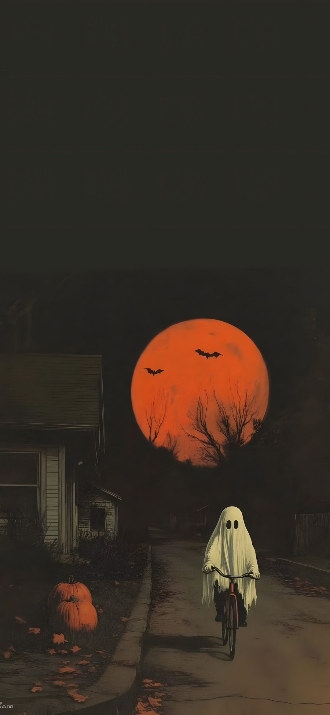 a person riding a bike down a street at night with the moon in the background Aesthetic Halloween Boys dark slate gray