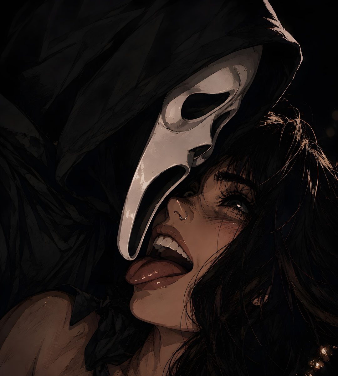 a woman wearing a mask with her mouth open and tongue out in front of her face Hot Halloween black