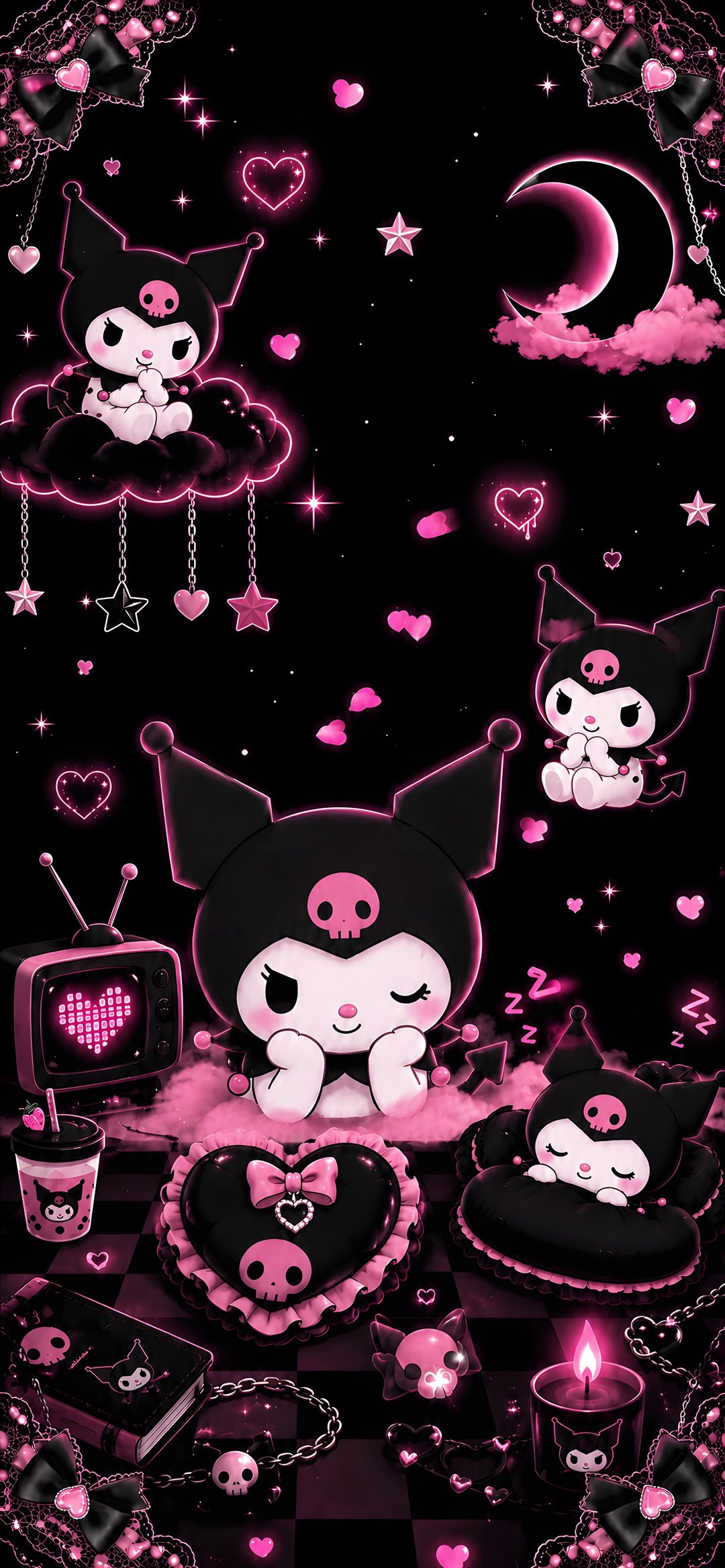 some pink and black wallpapers with hearts, stars and other things on it Kuromi Halloween Iphone Kuromi, Pink And Black Aesthetic, Phone, Iphone,