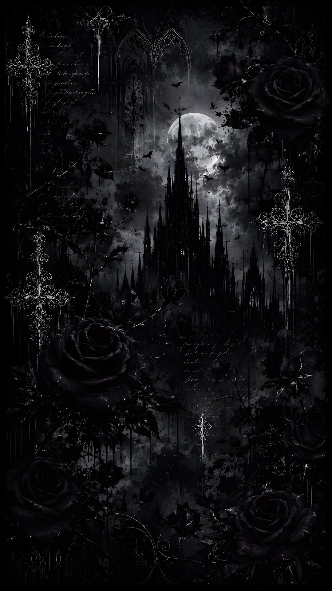 a black and white image of a castle with roses in the foreground, surrounded by bats Dark Gothic Halloween black