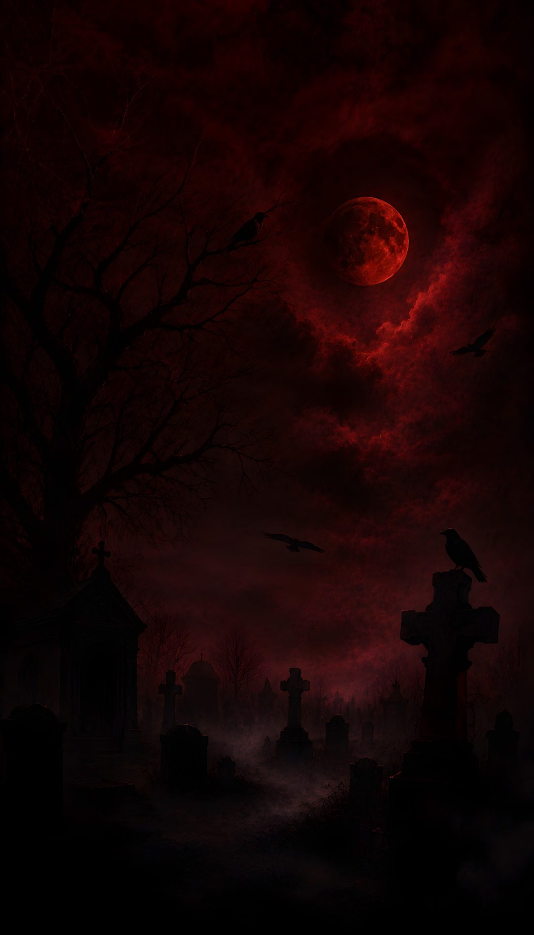 a dark cemetery with a full moon in the sky and birds flying over it at night Dark Red Halloween black