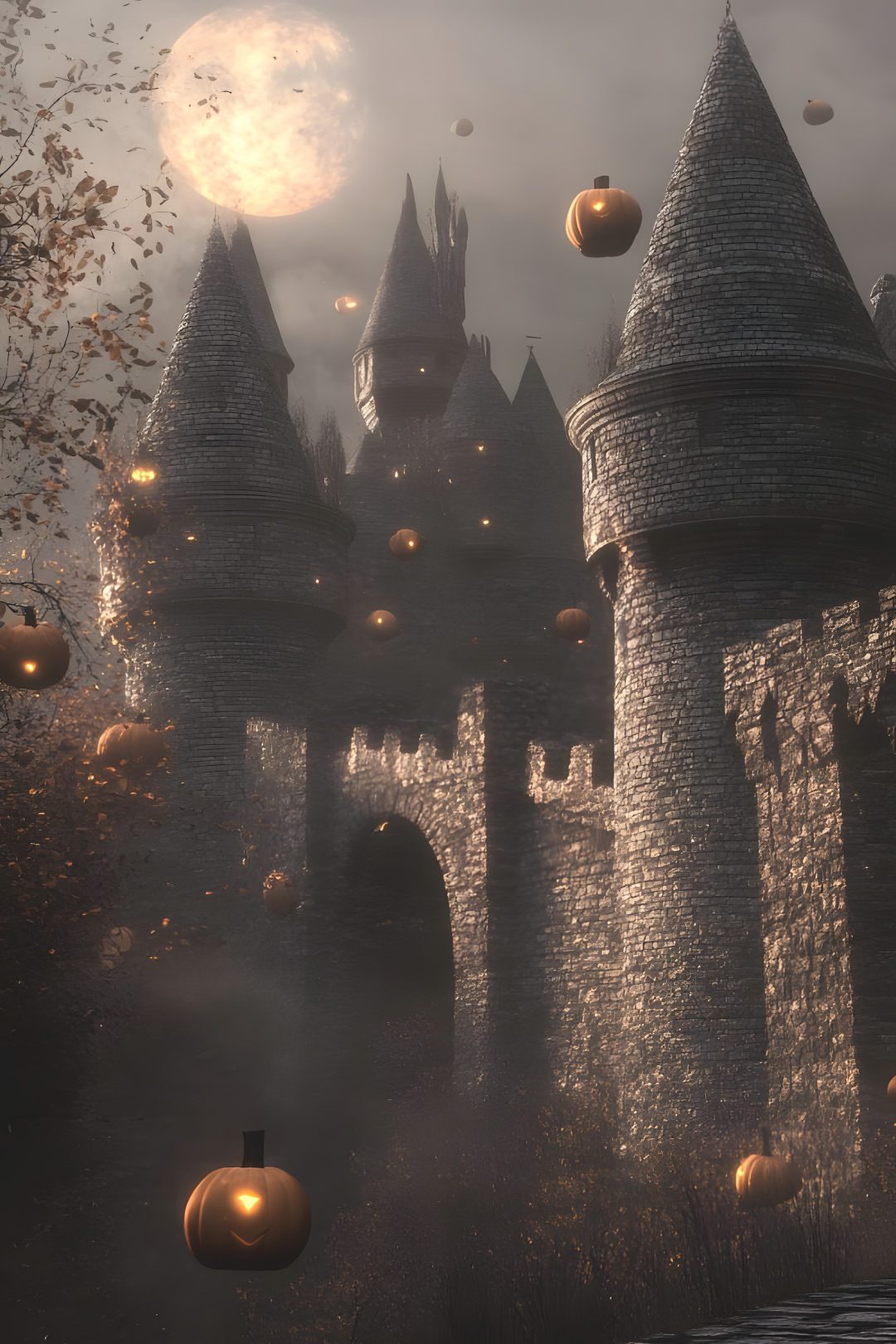 a castle with lots of pumpkins floating in the air next to it's walls Vintage Halloween- Bobcats Castle dark slate gray