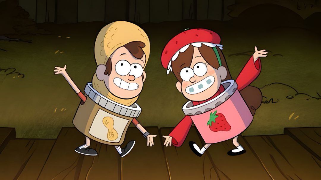 two cartoon characters standing next to each other Gravity Falls Halloween dark olive green