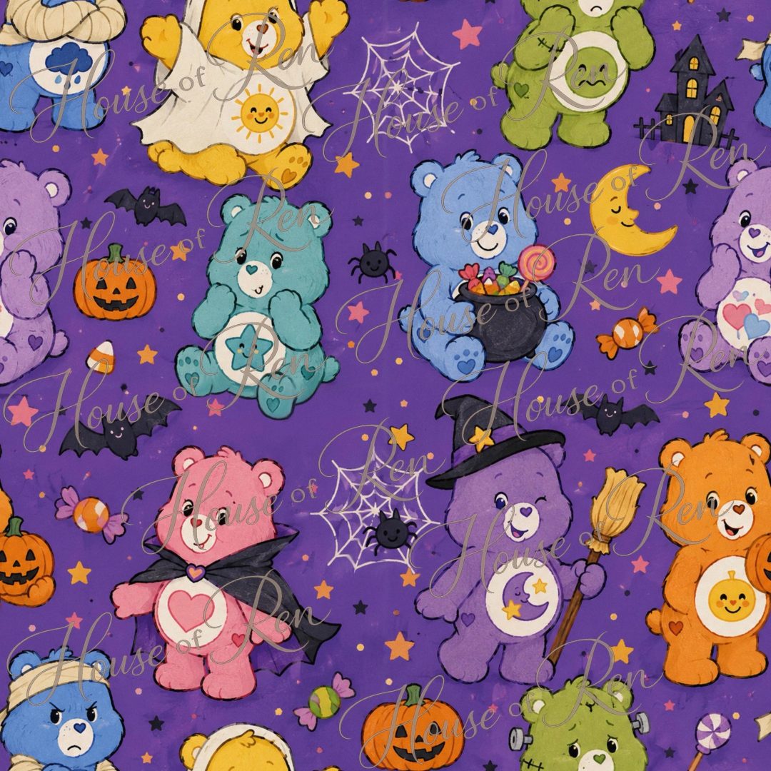 a group of teddy bears with pumpkins and witches around them on a purple background Aesthetic Halloween Care Bear dark slate blue