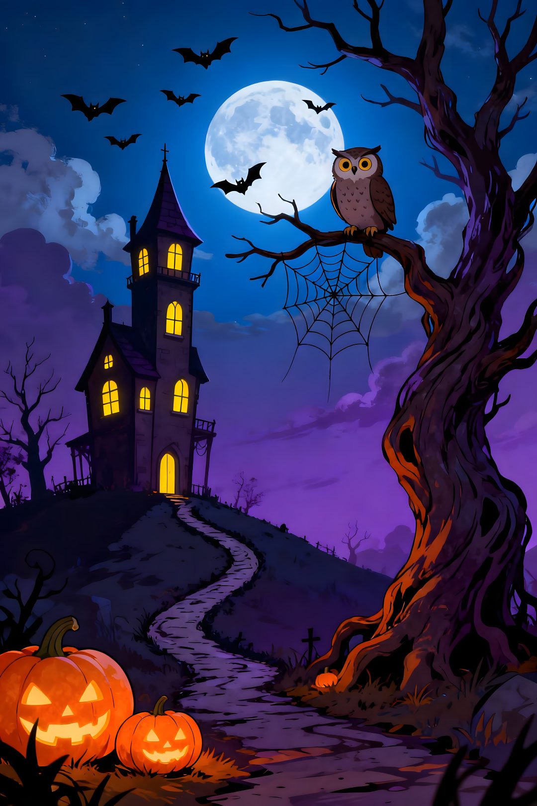 an owl sitting on top of a tree in front of a house with a full moon Vintage Halloween Haunted House dark slate gray