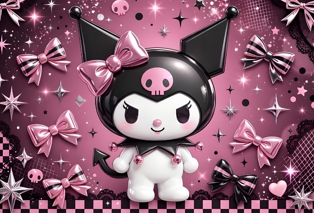 a pink and black wallpaper with an animal in it's ears, bow ties, and skulls Chromebook Kuromi Halloween dim gray