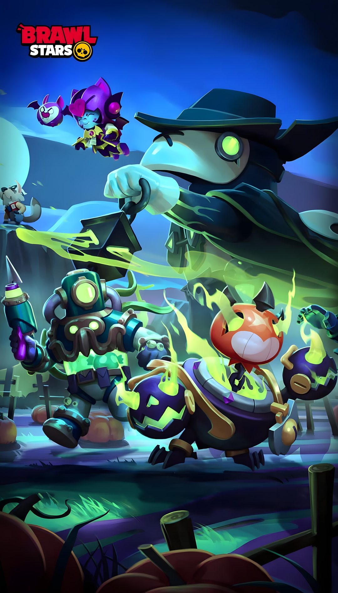 an image of some cartoon characters in front of a dark blue background with the words brawl stars on it Brawl Stars Halloween Brawl Stars, Star, Stars, dark slate gray