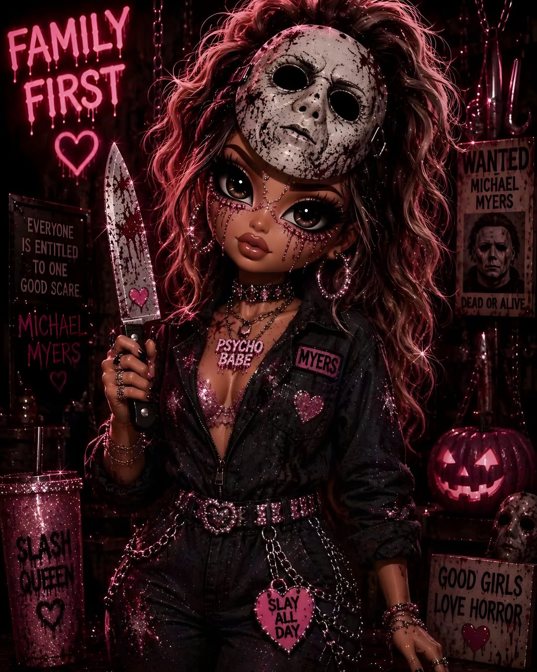 a creepy doll holding a knife in her hand Halloween Scary Cute Girl black