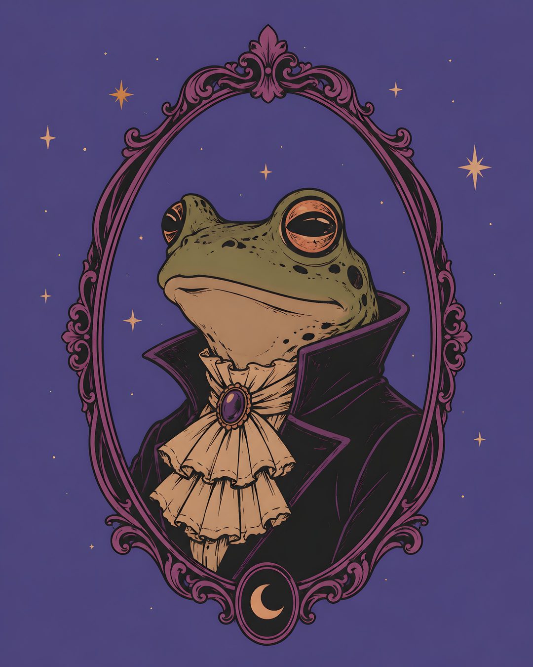 a frog in a dress and coat with stars around it's neck is looking at the camera Frog Halloween dark slate blue