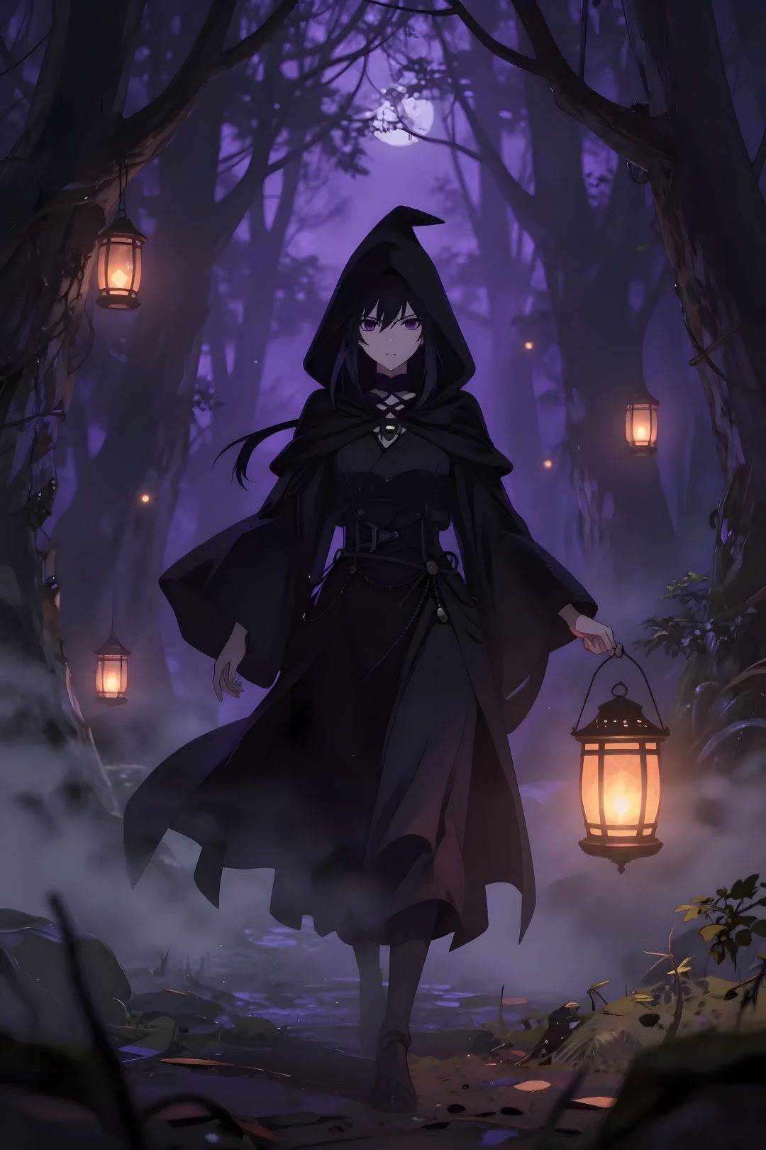 a woman in a hooded coat walking through the woods at night with lanterns on her head Dark Halloween Anime dark slate gray