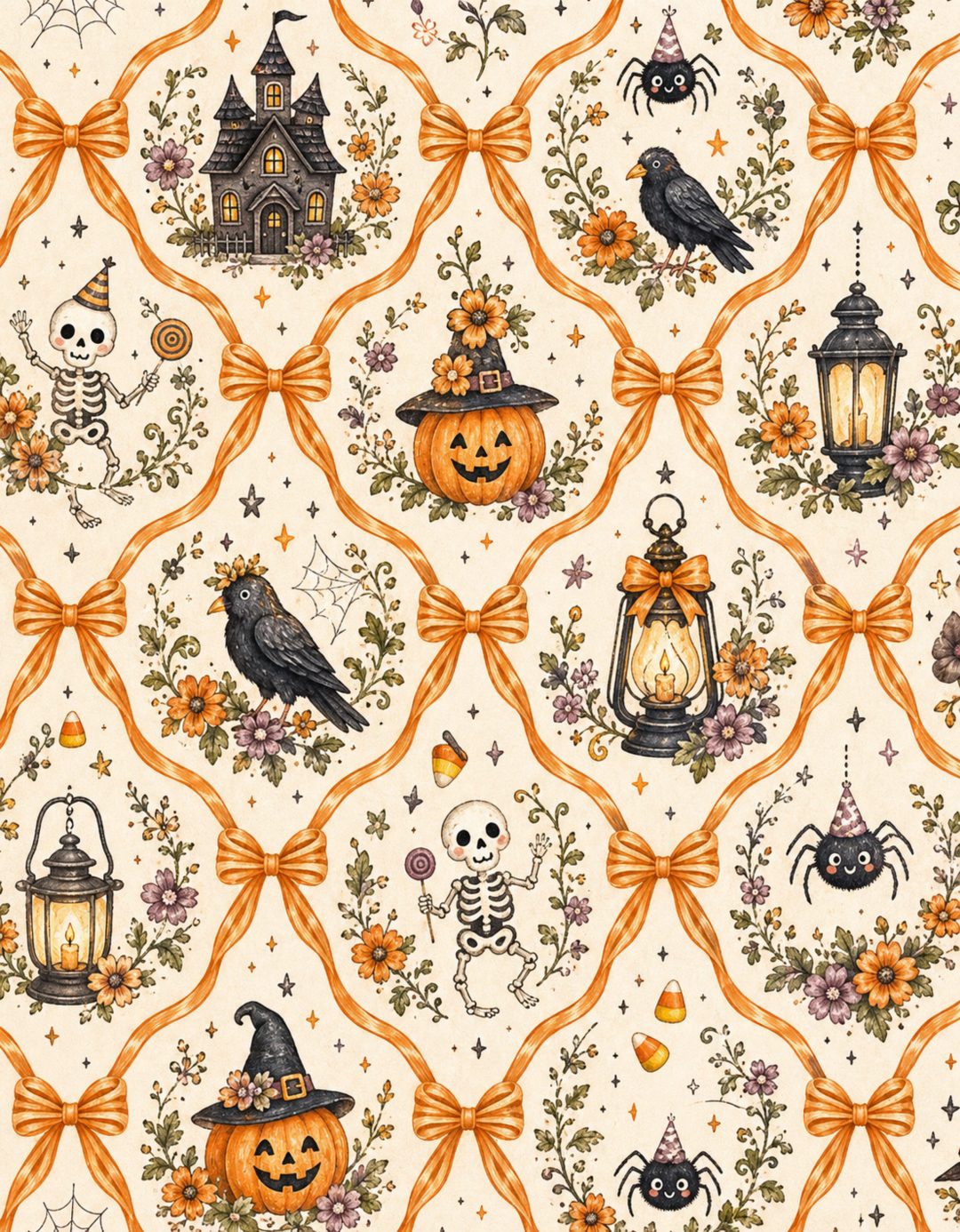 a halloween themed wallpaper with pumpkins, jack - o'- lanterns and skulls Halloween Pumpkins Non Traditional blanched almond