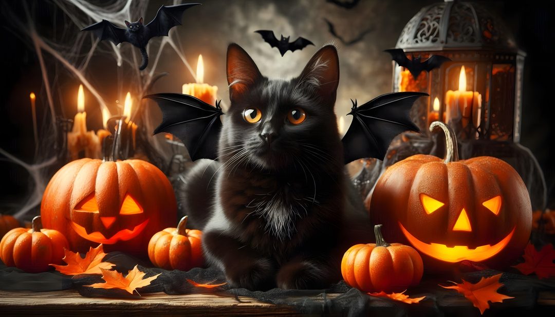 a black cat surrounded by pumpkins and candles Generic Halloween Cat Desktop Halloween, black