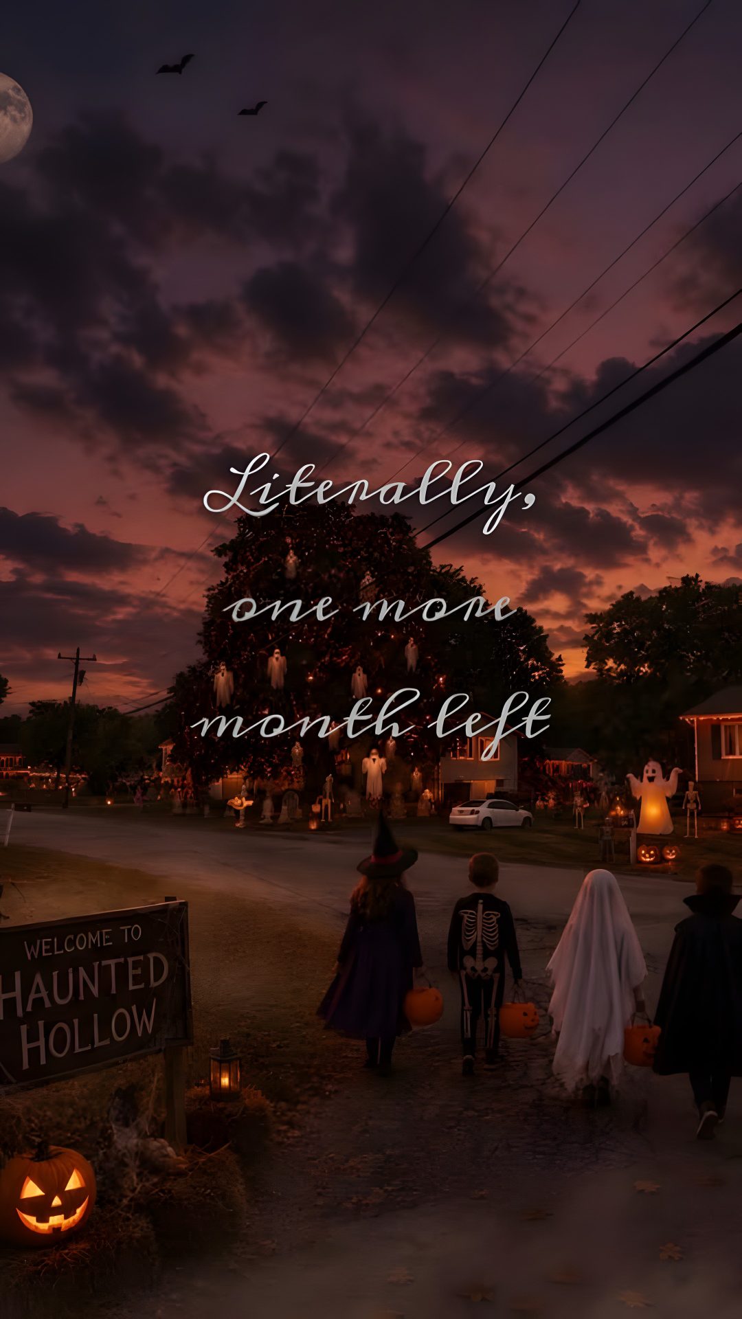 three people dressed up in costumes walking down the street at night with pumpkins and jack - o'- lanterns Halloween Is A Lifestyle Not A Holiday black