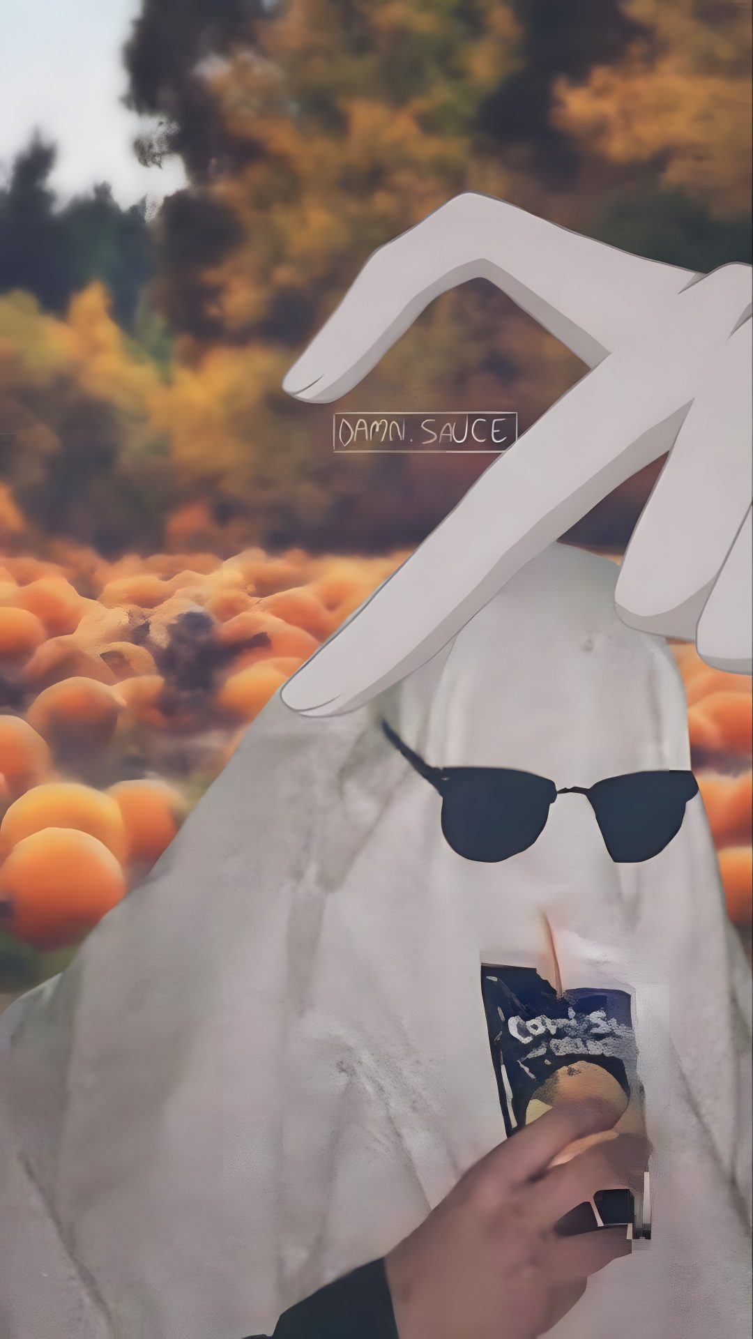 a person wearing a white bunny costume and holding a drink in front of pumpkins Matching Halloween For Best Friends gray