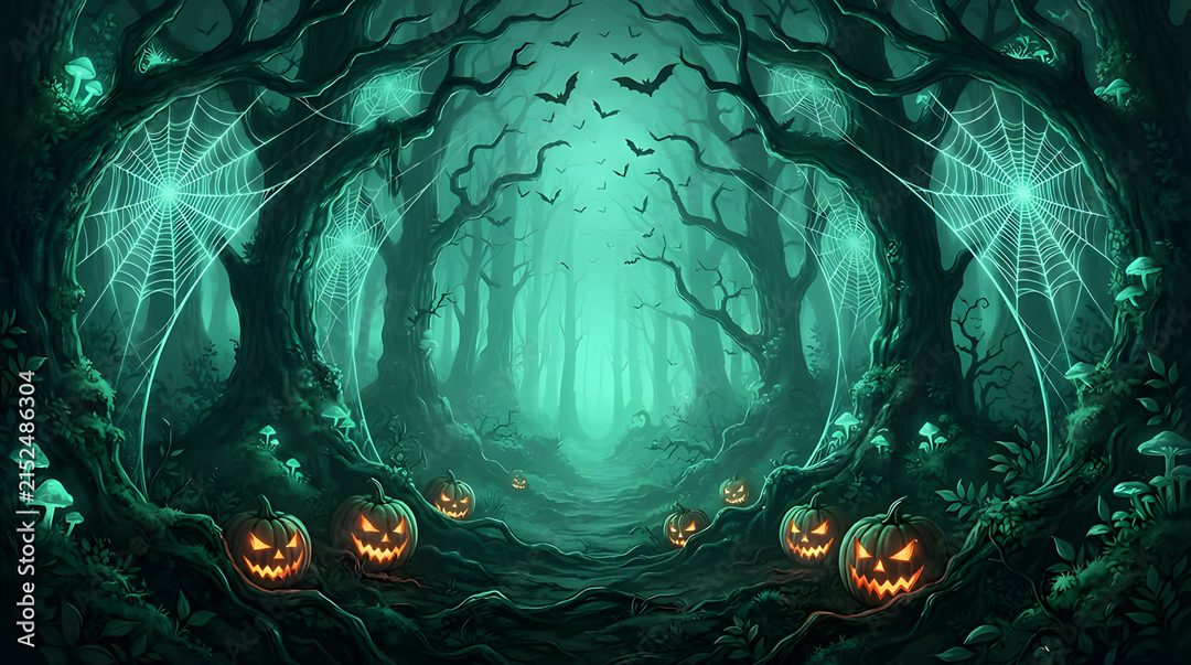 an image of a halloween scene with pumpkins in the woods Halloween Banner With Forest dark slate gray