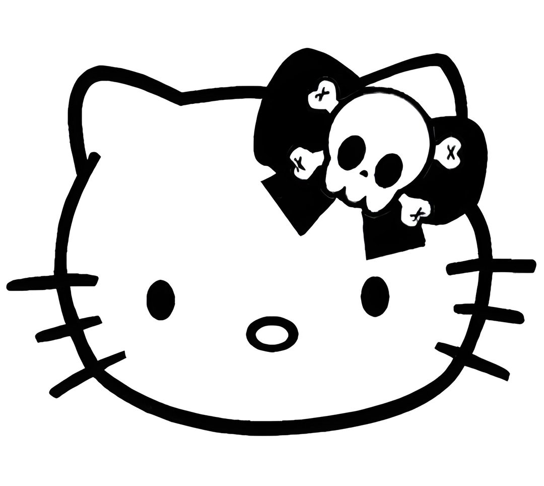 a black and white drawing of a hello kitty with skulls on it's head Black And White Halloween Skulls In Bow white