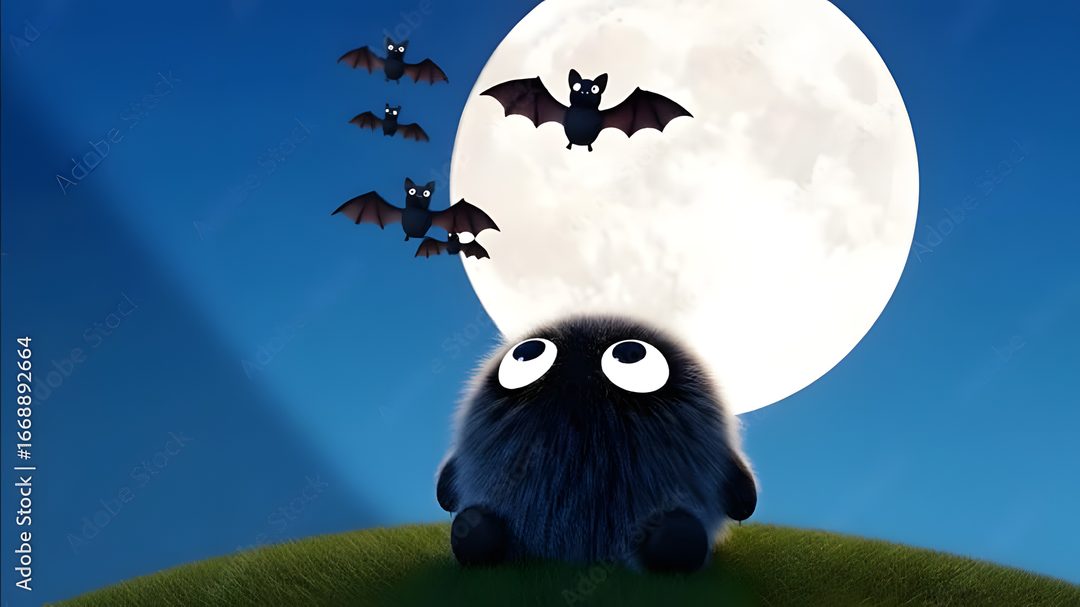 a group of bats flying in front of a full moon on a green hill with blue sky Halloween Flying Monster dark slate blue