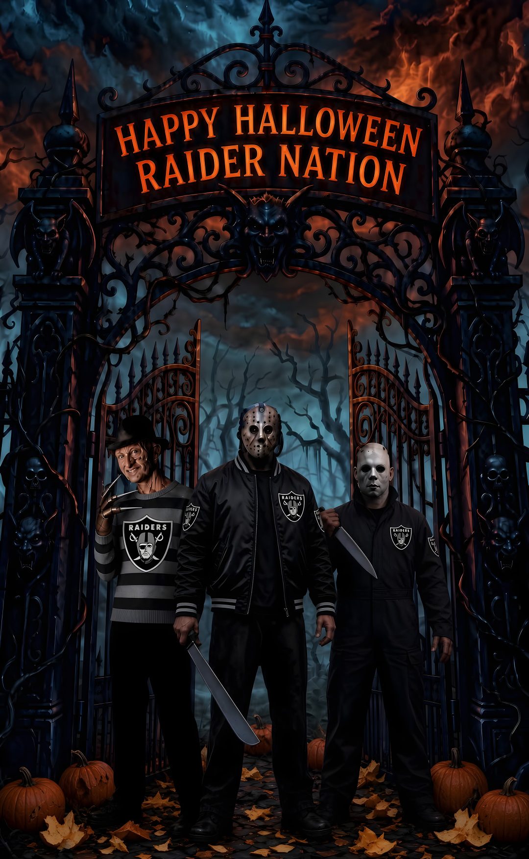 three people standing in front of an iron gate with halloween decorations on it and the words happy halloween raider nation Raiders Halloween black