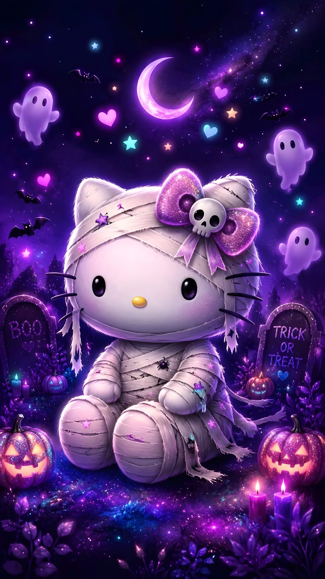 a hello kitty sitting on top of a grave surrounded by halloween pumpkins and ghost Purple Hello Kitty Halloween midnight blue