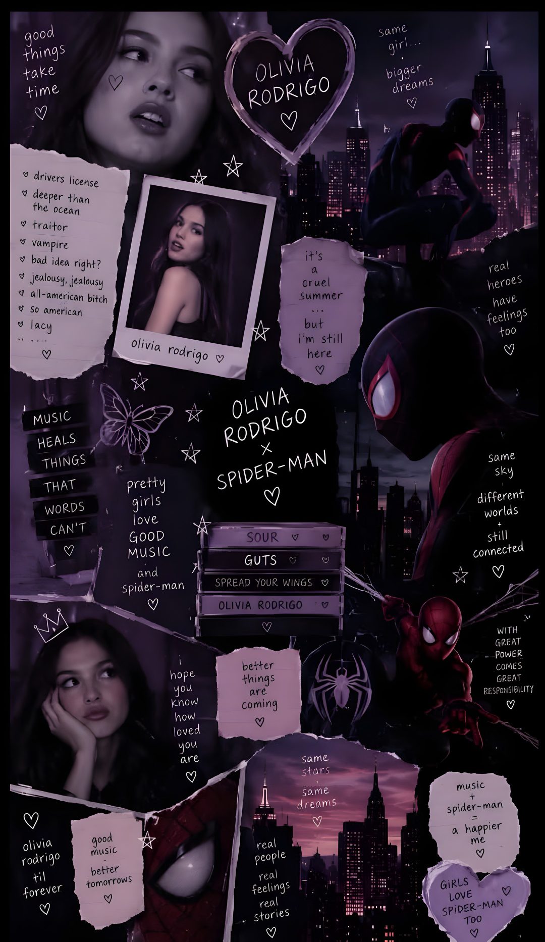 the collage is made up of many different pictures and texting, including an image of spider - man Halloween Olivia Rodrigo black