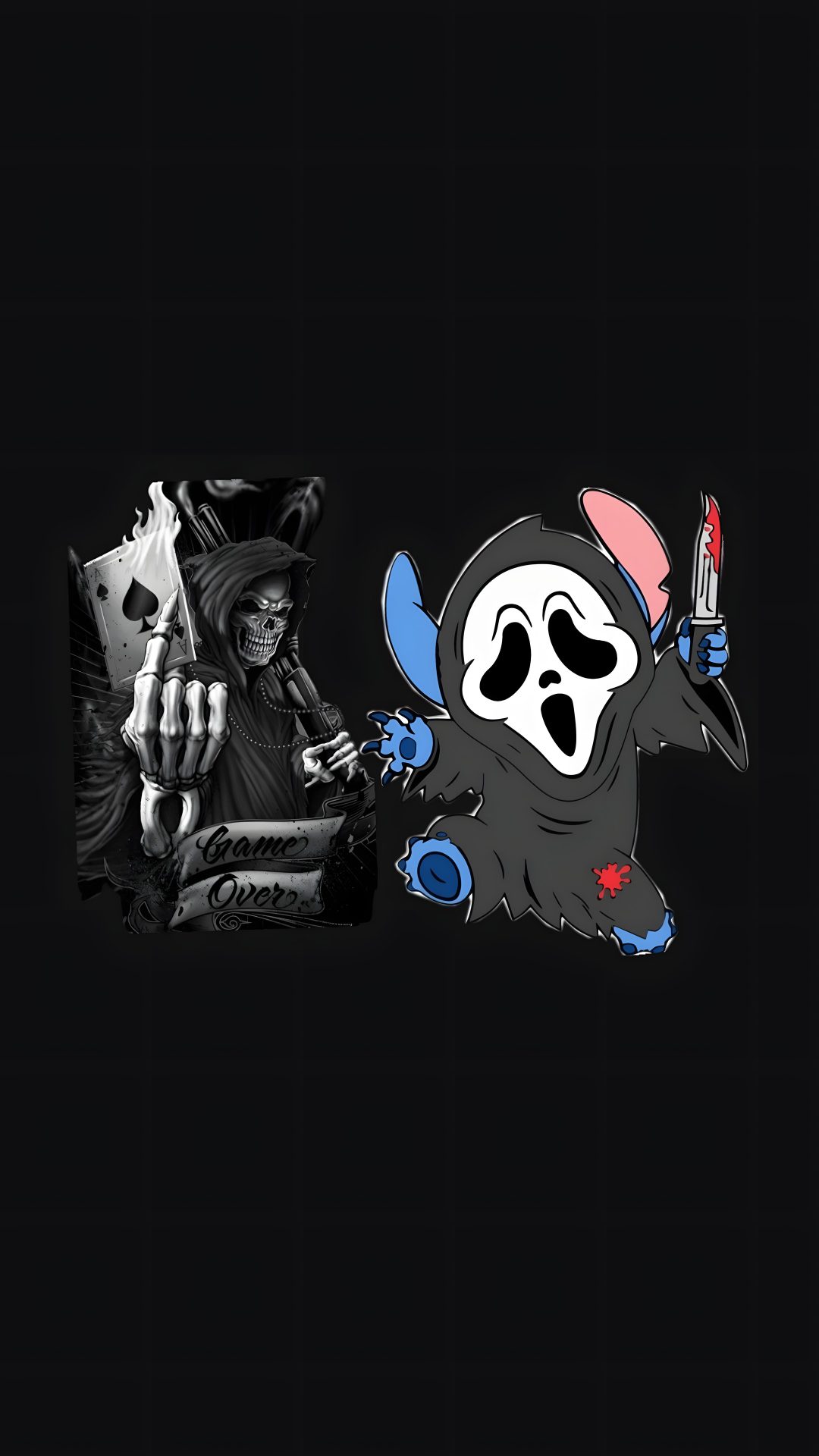 two cartoon characters sitting next to each other on a black background, one holding a knife Stitch Halloween Ghostface black