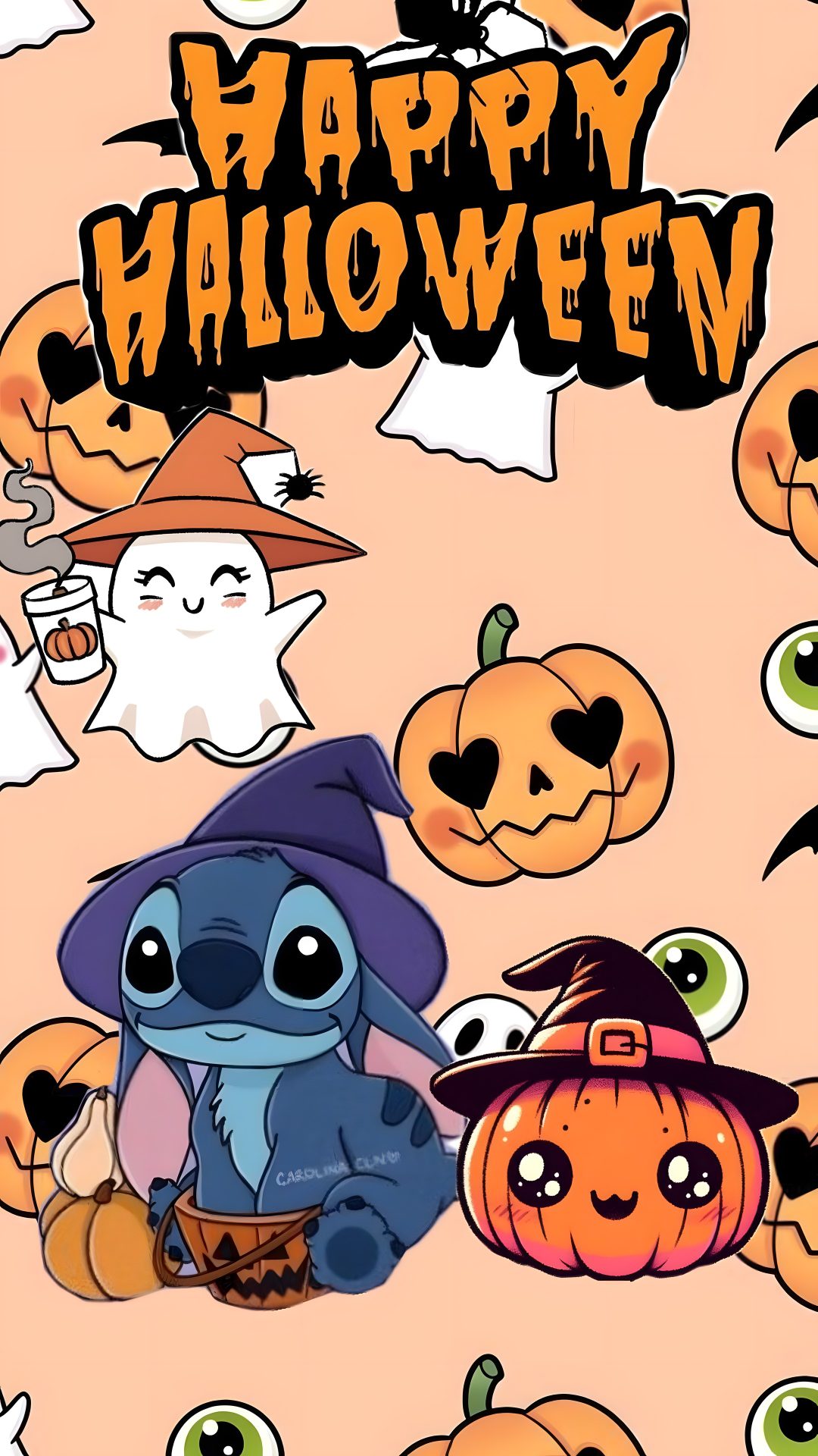 an image of halloween characters with pumpkins and ghost faces in the background for this happy halloween card Kawaii Kawaii Cute Stitch Halloween Halloween, light salmon