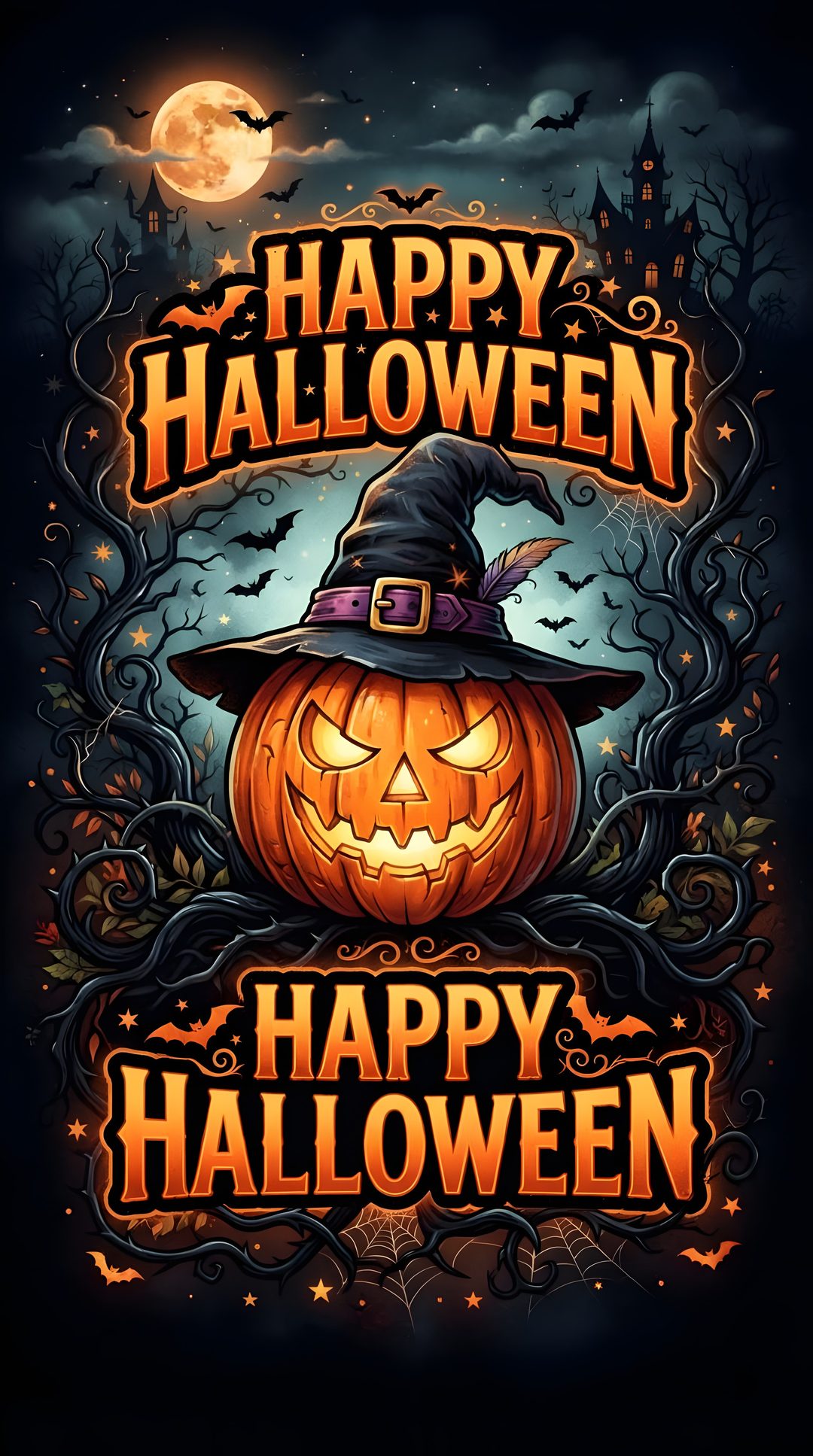 a happy halloween poster with pumpkins and bats Scary Happy Halloween black
