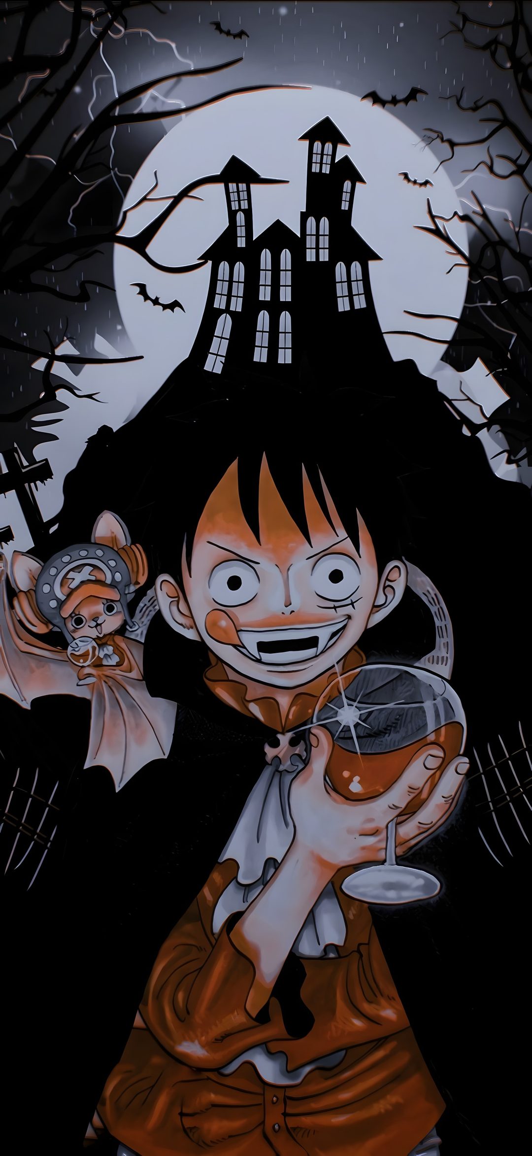 a cartoon character holding a glass in front of a house Luffy Halloween Fictional Characters, Batman, black