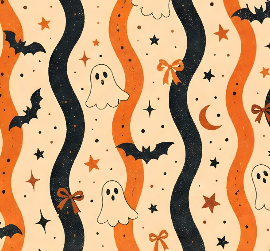 an orange and black striped background with halloween ghostes, bats and stars on it Halloween Fair Isle wheat