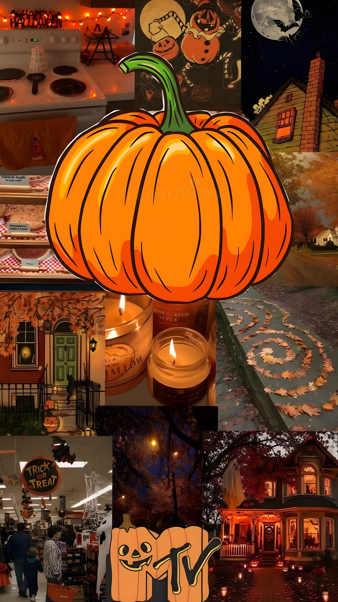 a collage of halloween images with pumpkins, candles and houses in the background Halloweentown Pumpkin saddle brown