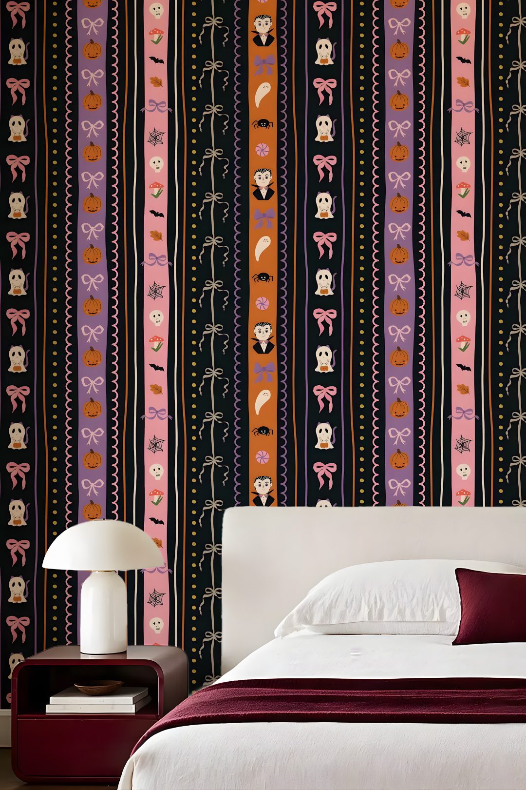 a bed sitting in front of a colorful wallpaper Halloween Trellis Ikat Custom saddle brown